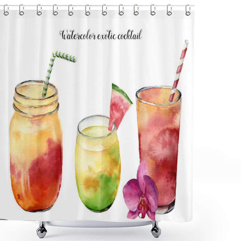 Personality  Watercolor Exotic Cocktails Set. Hand Painted Summer Tropical Drink Isolated On White Background. Food Illustration. For Design Or Background. Shower Curtains