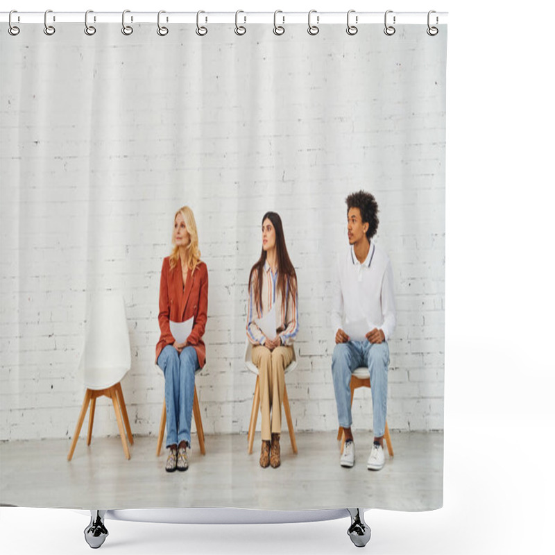 Personality  People Sitting In Chairs In Front Of A Plain White Wall. Shower Curtains