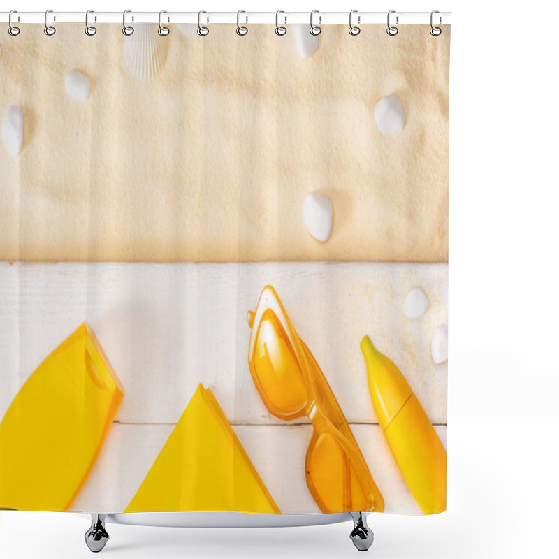 Personality  Top View Of Yellow Sunglasses, Book And Sunscreens On White Wooden Planks Near Pebbles On Sand Shower Curtains