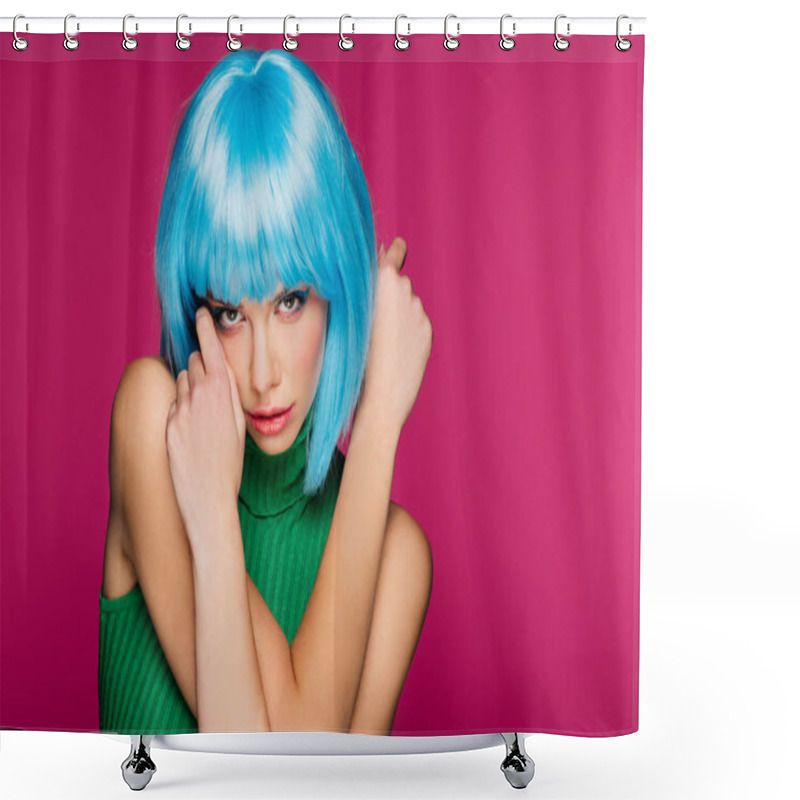 Personality  Beautiful Model With Blue Hair, Isolated On Pink Shower Curtains