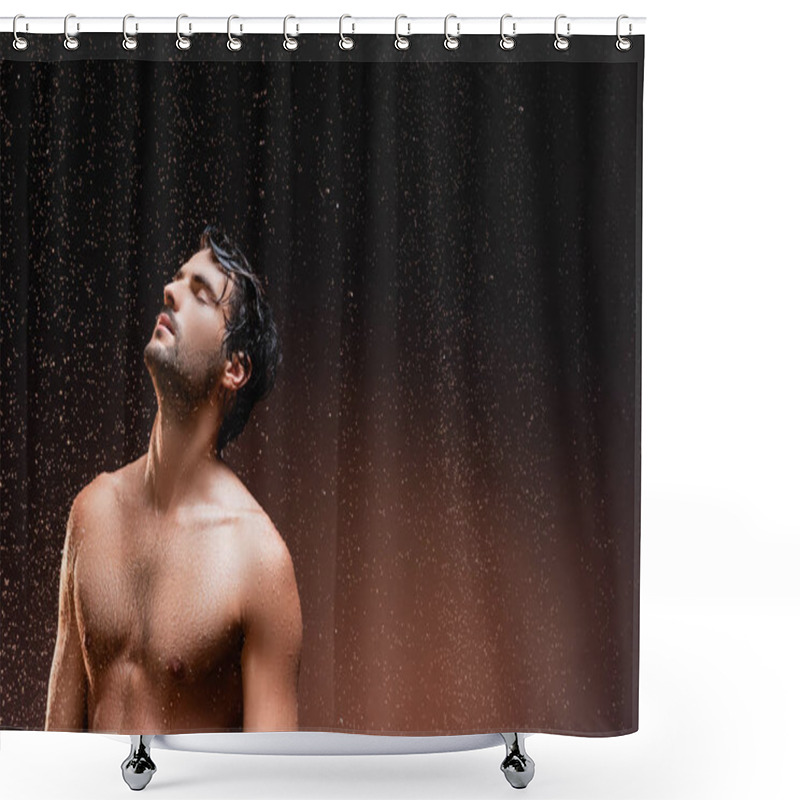 Personality  Shirtless Man With Muscular Torso Standing On Dark Background Under Falling Rain Shower Curtains