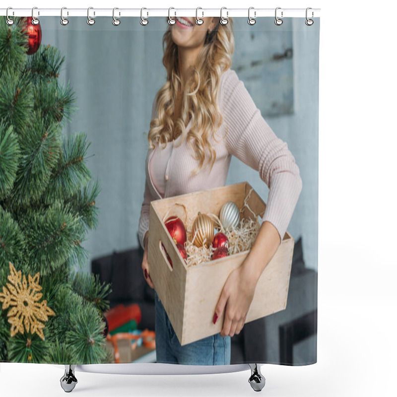 Personality  Cropped Image Of Girl Decorating Christmas Tree And Holding Box With Baubles At Home Shower Curtains