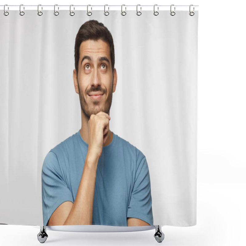 Personality  Young Man In Blue T-shirt With Dreamy Cheerful Expression, Thinking, Looking Up, Isolated On Gray Background Shower Curtains