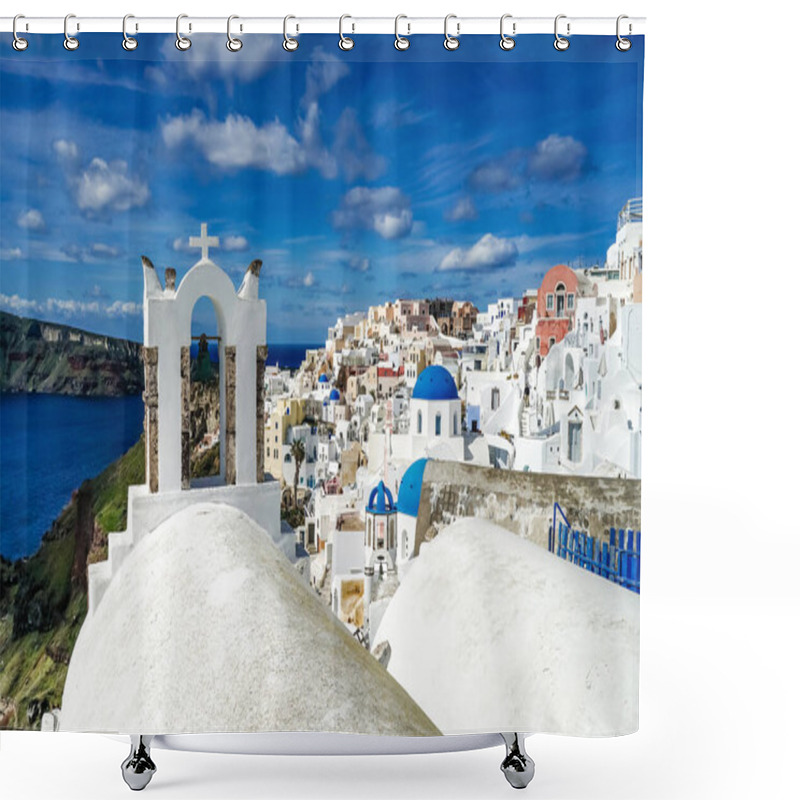 Personality  Blue-domed Churches Near White Houses And Bells In Santorini  Shower Curtains