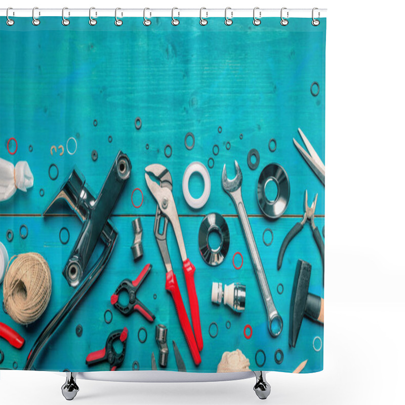 Personality  Plumbing Toolkit On Work Desk Top View Flat Lay, Water Pump Wide Jaw Pliers And Other Tools Shower Curtains