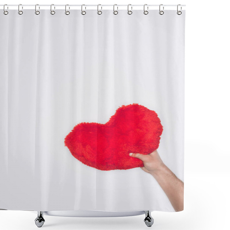 Personality  Cropped Shot Of Man Holding Red Heart Pillow Isolated On White, St Valentines Day Concept Shower Curtains