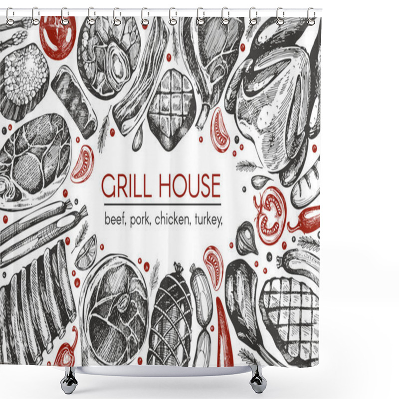 Personality  Vector Frame With Hand Drawn Meat For Grill With Red Tomatos On The White Background Shower Curtains