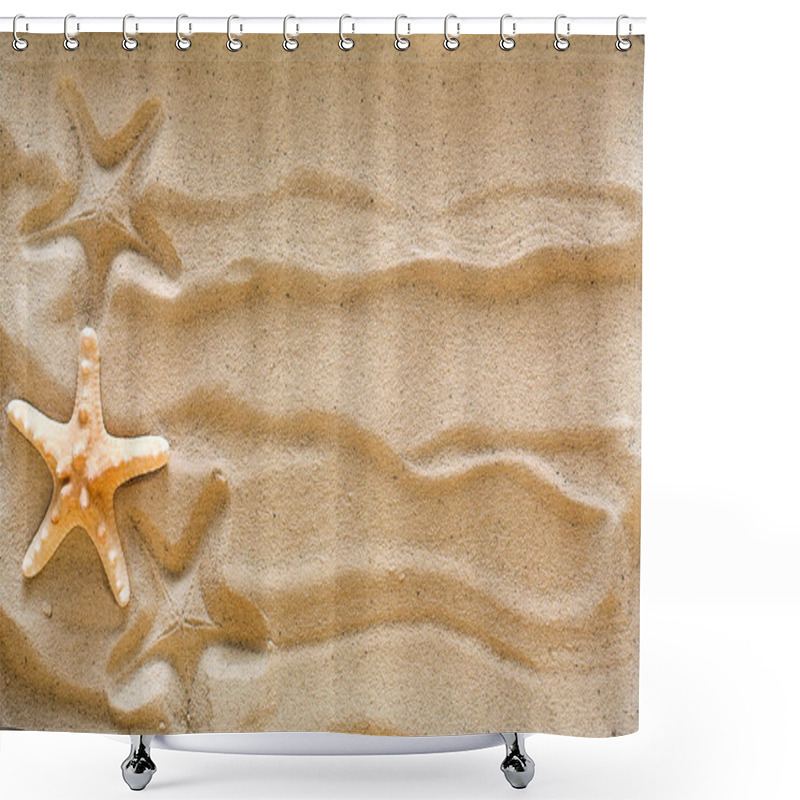 Personality  Sea Beach Sand And Seashells Background, Natural Seashore Stones And Starfish Shower Curtains