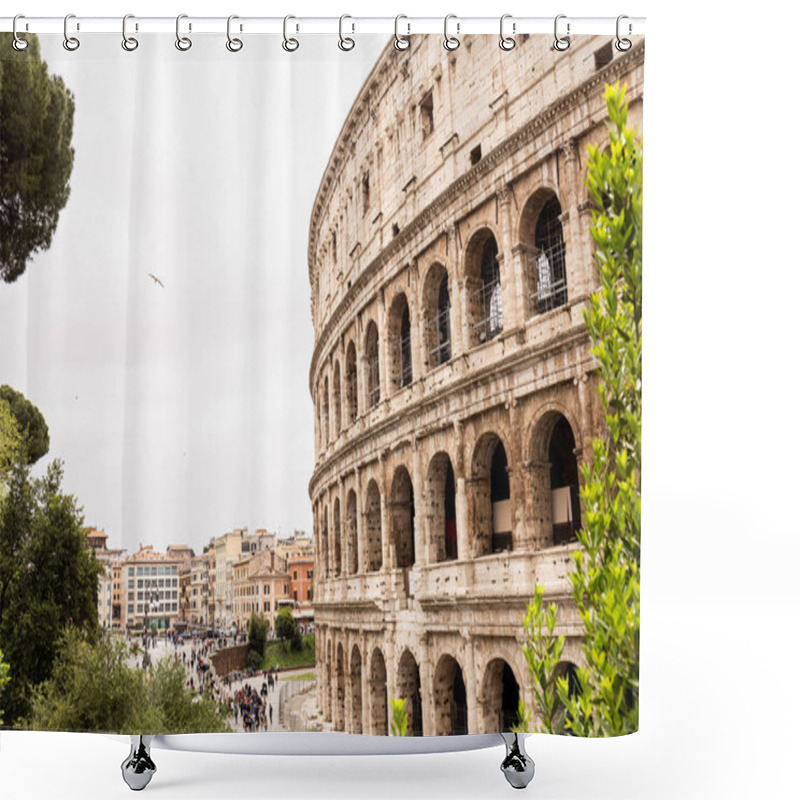 Personality  ROME, ITALY - JUNE 28, 2019: People Walking Near Ruins Of Colosseum And Green Trees Under Grey Sky Shower Curtains