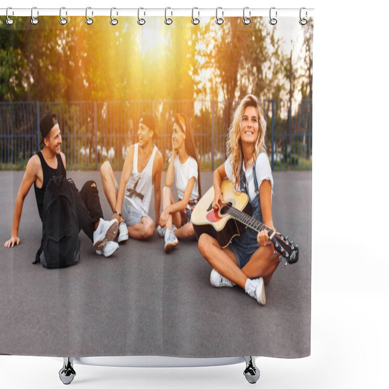 Personality  A Group Of Friends Having Fun At Sunset On The Asphalt In A Skate Park, Playing Guitar, Good Summer Mood Shower Curtains