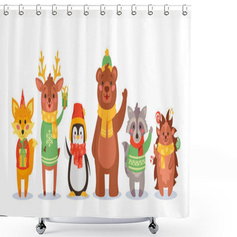 Personality  Christmas Animals Waving Hands, Cartoon Characters Fox, Reindeer, Penguin, Bear And Raccoon With Hedgehog Wear Sweaters Shower Curtains