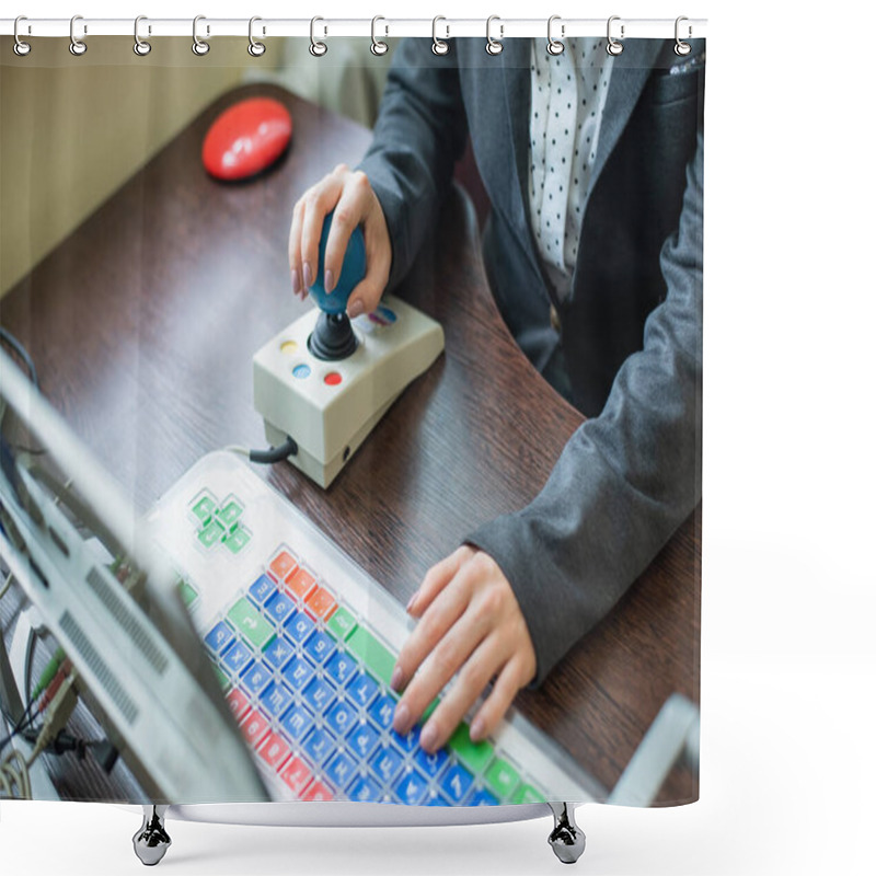 Personality  Woman With Cerebral Palsy Works On A Specialized Computer. Shower Curtains