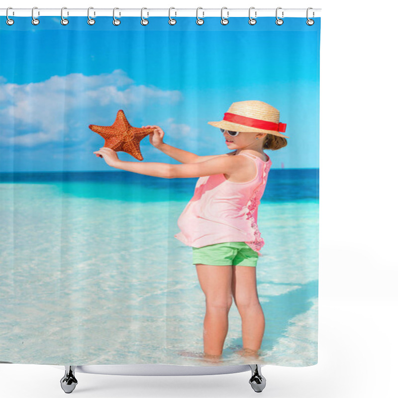 Personality  Adorable Little Girl With Starfish On White Empty Beach Shower Curtains