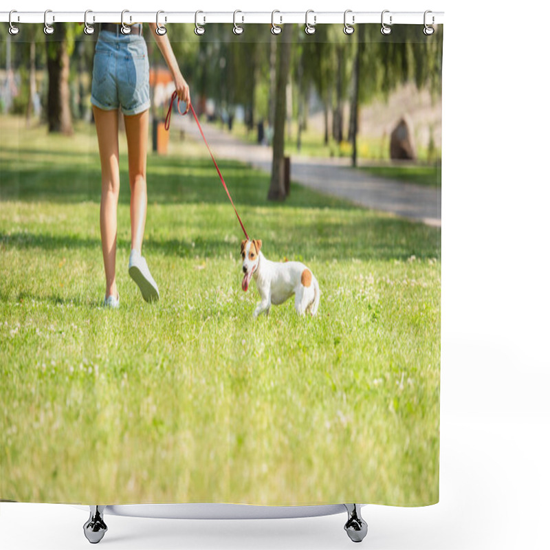 Personality  Cropped View Of Young Woman Walking With Jack Russell Terrier Dog Shower Curtains