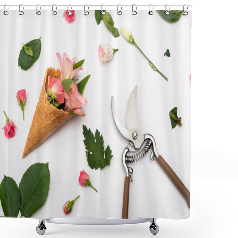 Personality  Top View Of Pink Flowers In Waffle Cone Near Hand Pruners On White Shower Curtains