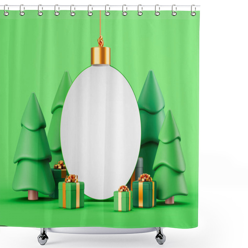 Personality  Festive Scene With Christmas Trees, Ornament, And Gifts On Green Background. Concept Of Holiday Celebration. 3D Rendering Shower Curtains