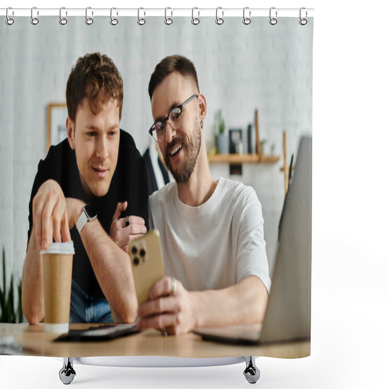 Personality  Two Men, Designers, Passionately Collaborate On A Laptop For Their Trendy Attire. Shower Curtains