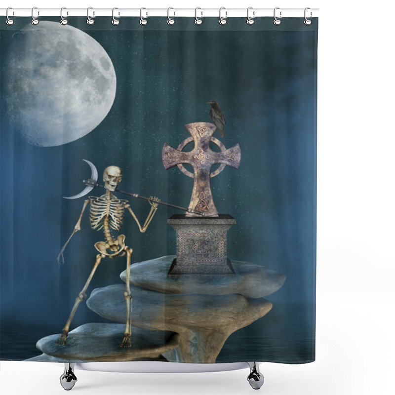 Personality  Skeleton In A Stone With Cross And Black Bird Shower Curtains