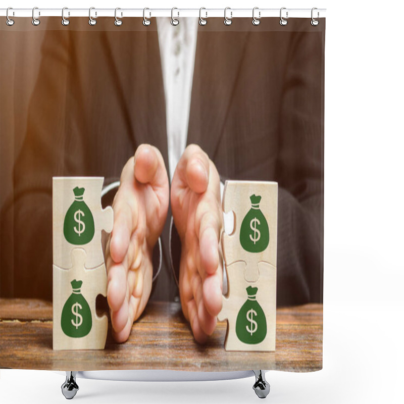 Personality  Businessman Separates The Wooden Puzzle With A Picture Of Money. The Concept Of Financial Management And Distribution Of Funds. Saving And Investing. Property Division. Divorce And Legal Services Shower Curtains