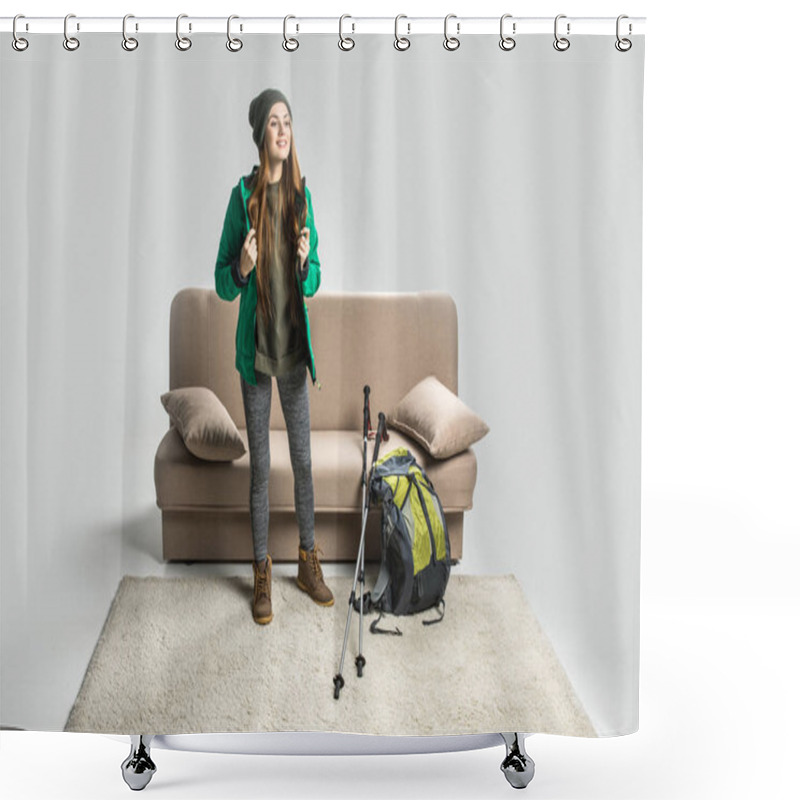 Personality  Attractive Hiker In Warm Clothing With Backpack Ready To Travel Shower Curtains