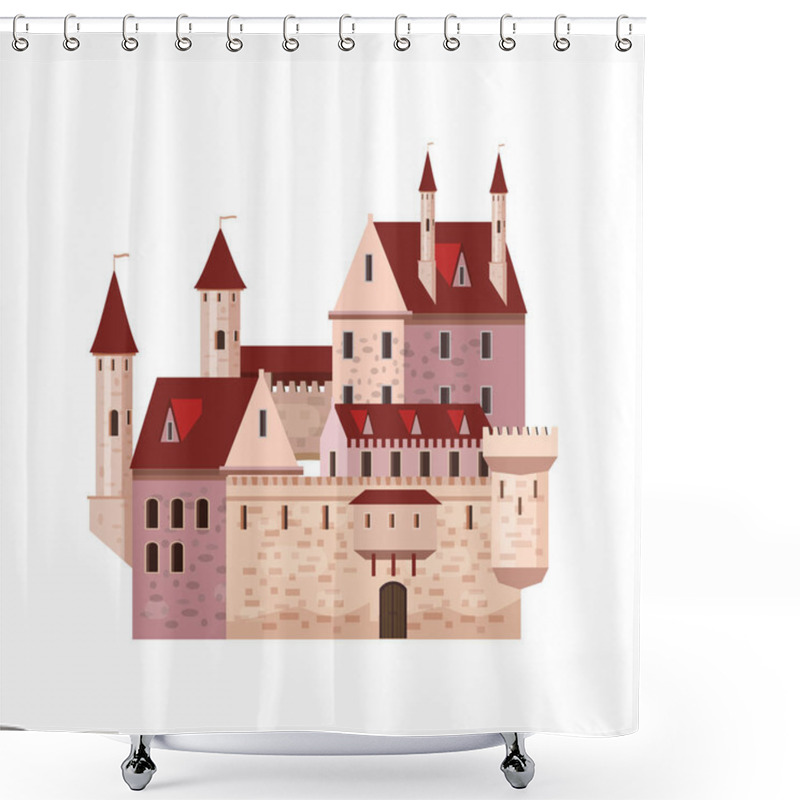 Personality  Castle, Fortress, Ancient, Architecture Middle Ages Europe, Medieval Palace With High Towers And Conical Roofs, Vector, Banners, Isolated, Illustration, Cartoon Style Shower Curtains