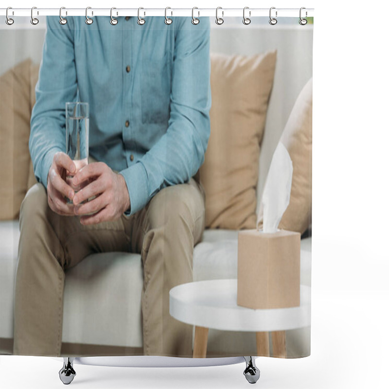 Personality  Cropped Shot Of Man Holding Glass Of Water While Sitting On Couch In Psychotherapist Office Shower Curtains