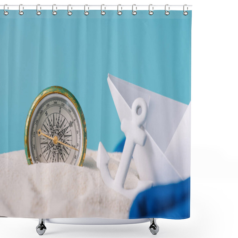 Personality  White Sand With Paper Boat, Anchor And Compass Isolated On Blue Shower Curtains