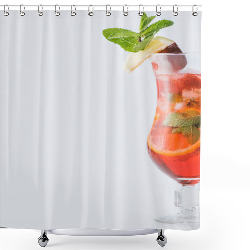 Personality  Close Up View Of Summer Strawberry Cocktail With Ice, Mint, Lemon And Orange Pieces Isolated On White Shower Curtains