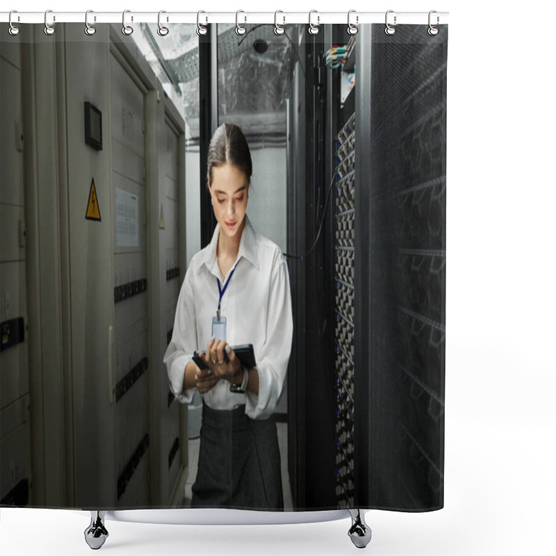 Personality  A Dedicated IT Specialist Works On Server Maintenance In A Contemporary Data Center. Shower Curtains