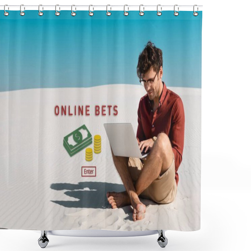 Personality  Young Freelancer On Sandy Beach Using Laptop Against Clear Blue Sky, Online Bets Illustration Shower Curtains