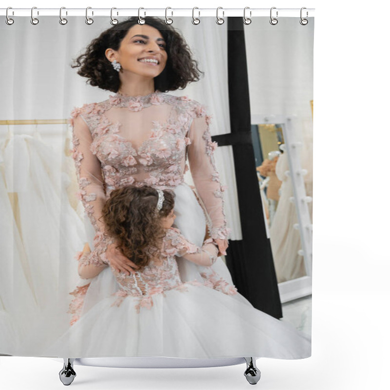 Personality  Cute Girl In Floral Attire Hugging Cheerful Mother With Brunette Hair Standing In Wedding Dress Near Blurred White Gown Inside Of Luxurious Bridal Salon, Shopping, Bride-to-be Shower Curtains