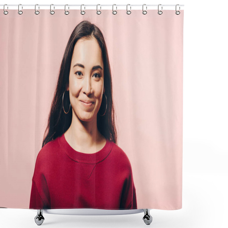 Personality  Attractive Asian Woman In Red Sweater Smiling Isolated On Pink  Shower Curtains