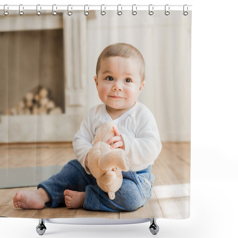 Personality  Smiling Baby Boy Sitting With Teddy Bear  Shower Curtains