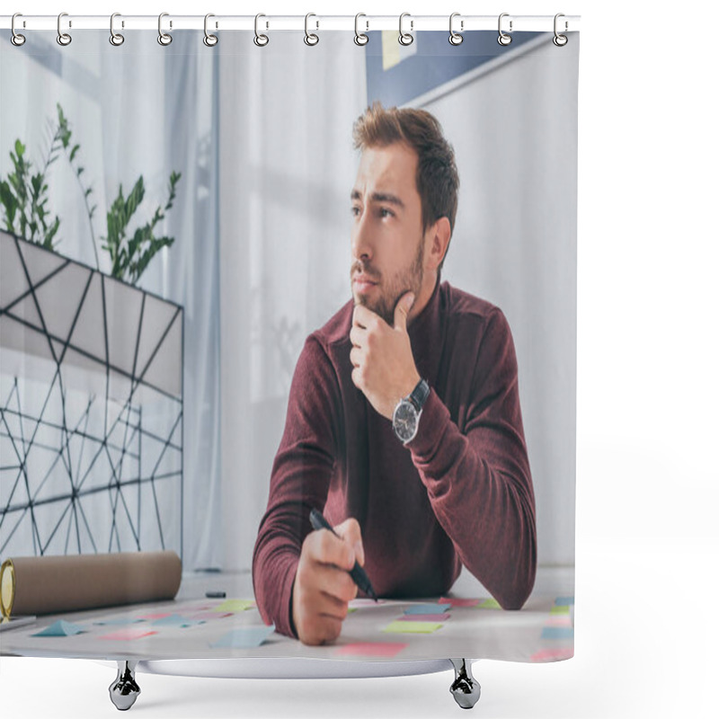 Personality  Pensive Scrum Master Looking Away While Holding Marker Pen  Shower Curtains