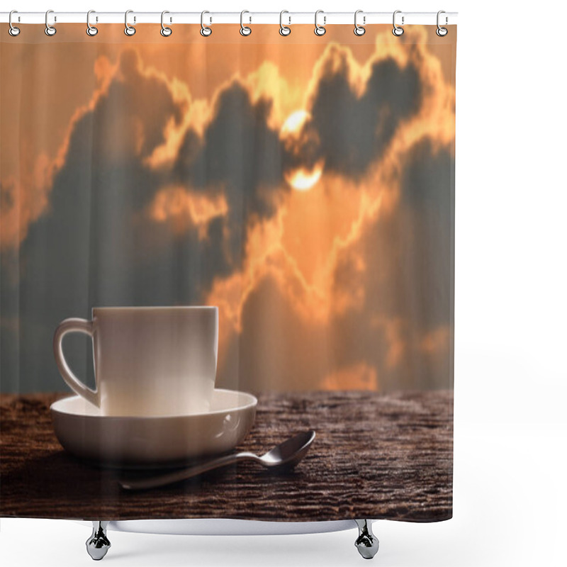 Personality  Morning Cup Of Coffee Or Tea With Sunrise Background Shower Curtains