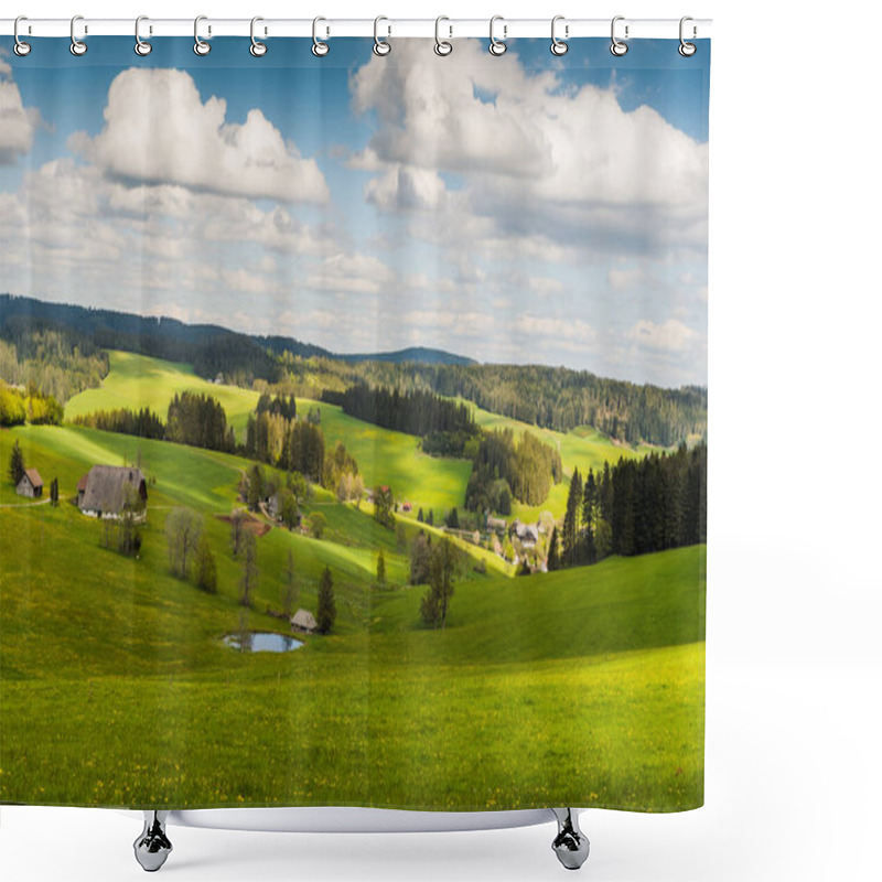 Personality  Landscape In Black Forest With Traditional Farm Houses And Blooming Flower Meadow, Jostal, Titisee-Neustadt, Baden-Wuerttemberg, Deutschland Shower Curtains