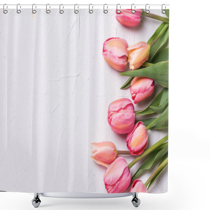 Personality  Border From Pink Tulip Flowers On  Textured Background. Floral Still Life.  Selective Focus. View From Above. Place For Text. Shower Curtains