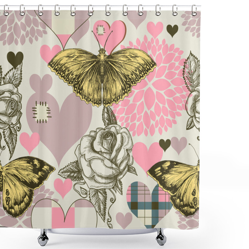 Personality  Hearts Flowers And Retro Style Butterfly Seamless Pattern  Shower Curtains