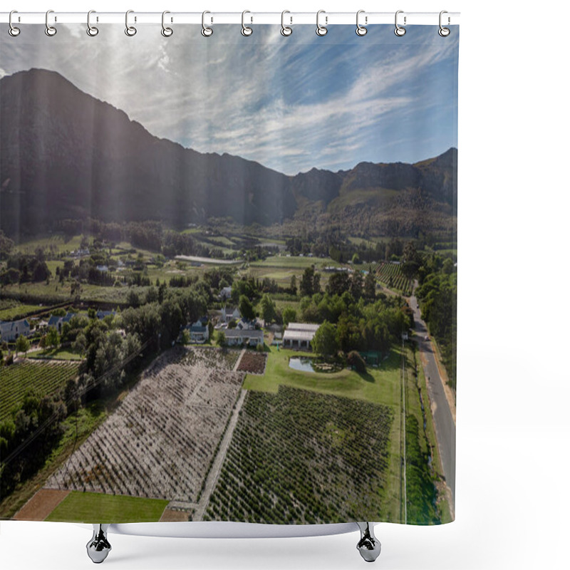 Personality  Rural Landscape With Majestic Mountain Range. Estate, Several Structures, Residential Buildings And Agricultural Outbuildings, Pond, Verdant Fields. Tranquility Natural Beauty. Aerial View, Lavender Shower Curtains