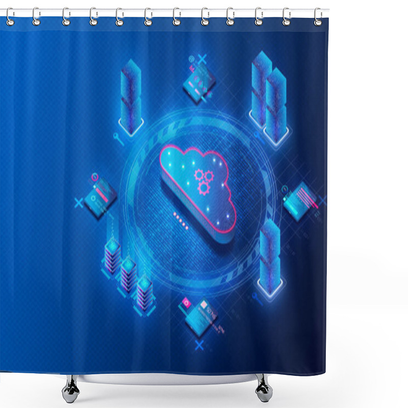 Personality  Cloud Database Management System Concept - Cloud-native Databases - Devices And Databases Surrounding Digital Cloud - 3D Illustration Shower Curtains