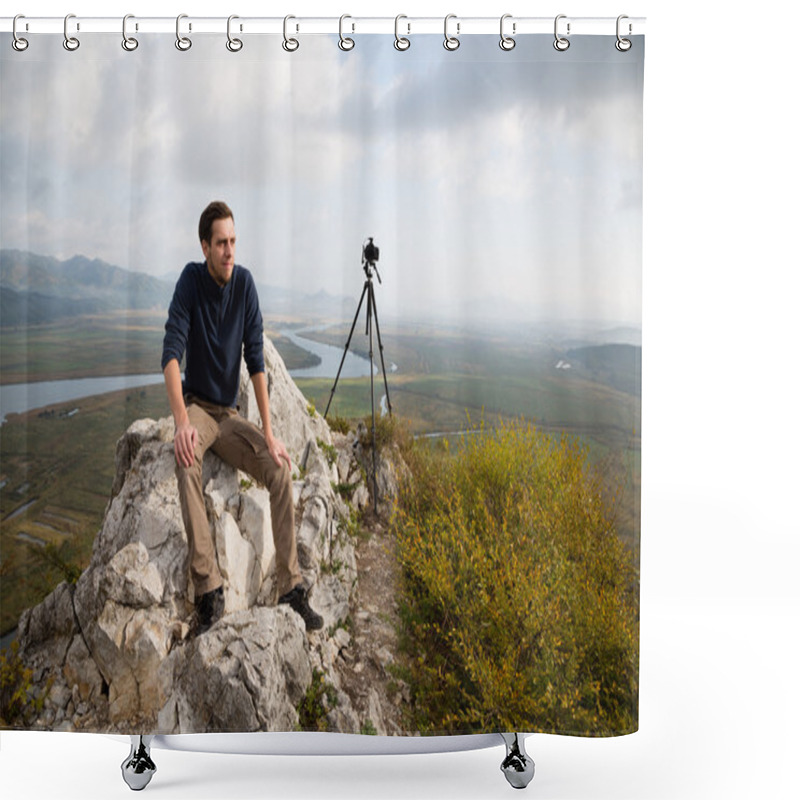 Personality  Portrait Photographer Sits On A Mountaintop Shower Curtains