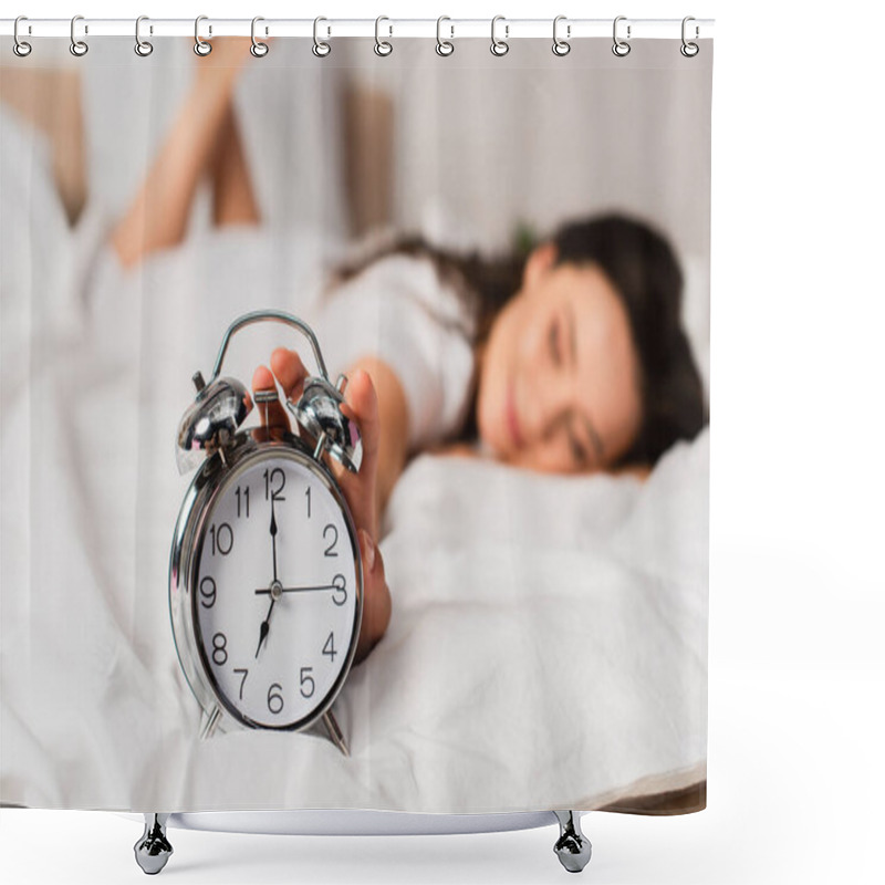 Personality  Selective Focus Of Woman Lying On Bed And Reaching Retro Alarm Clock  Shower Curtains