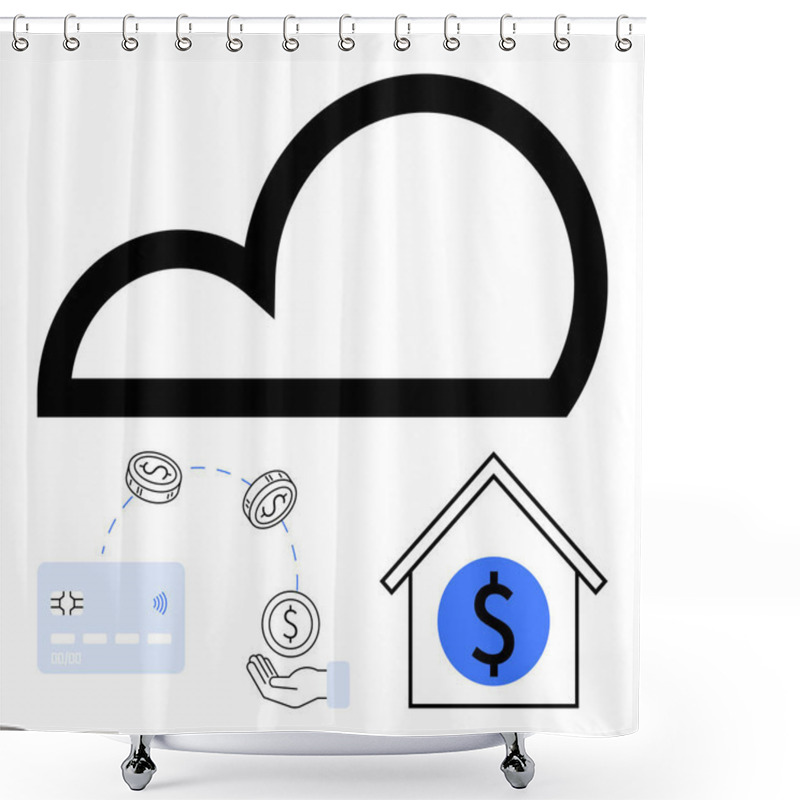 Personality  Cloud Outlined In Black, Credit Card With Coins And Hand Indicating Transactions, House With Dollar Symbol At Its Center. Ideal For Fintech, Cloud Services, Online Banking, Digital Transactions Shower Curtains