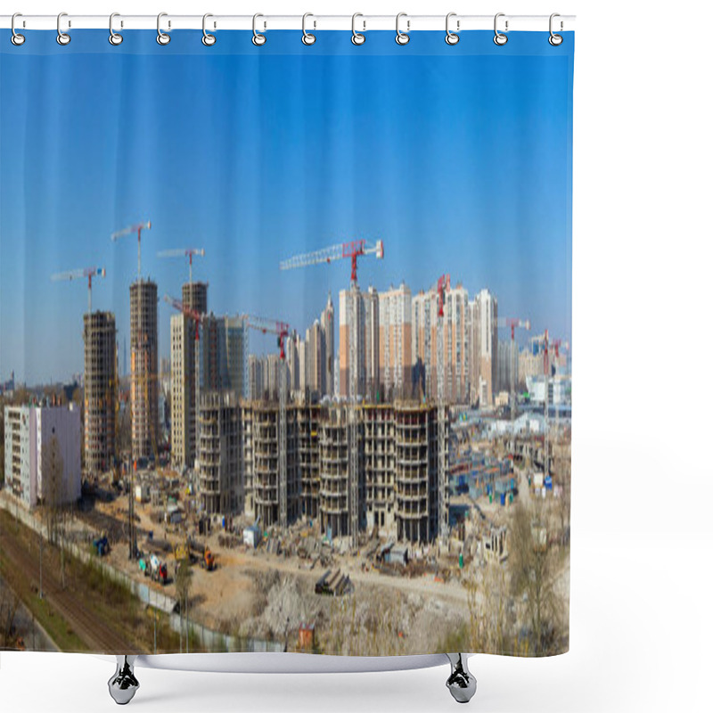 Personality  Panorama Of Large Construction Site Including Several Cranes Working On A Building Complex, Workers, Construction Gear, Tools And Equipment, Trucks And Clear Blue Sky As Background. Shower Curtains