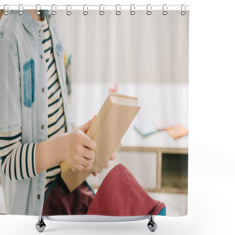 Personality  Cropped View Of Schoolchild Getting Book Out Of Back Pack At Home Shower Curtains