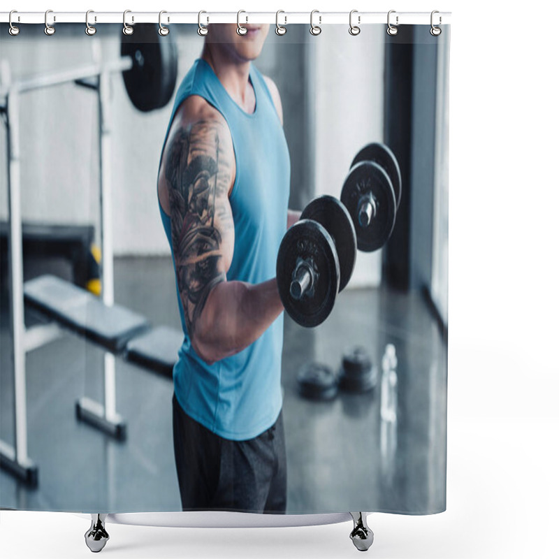 Personality  Partial View Of Young Sportsman Exercising With Dumbbells In Gym Shower Curtains