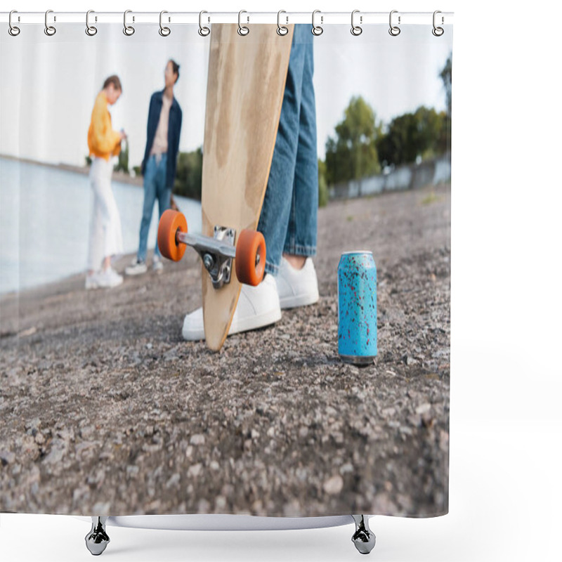 Personality  Partial View Of Skater With Longboard Near Soda Can And Blurred Friends On River Bank Shower Curtains