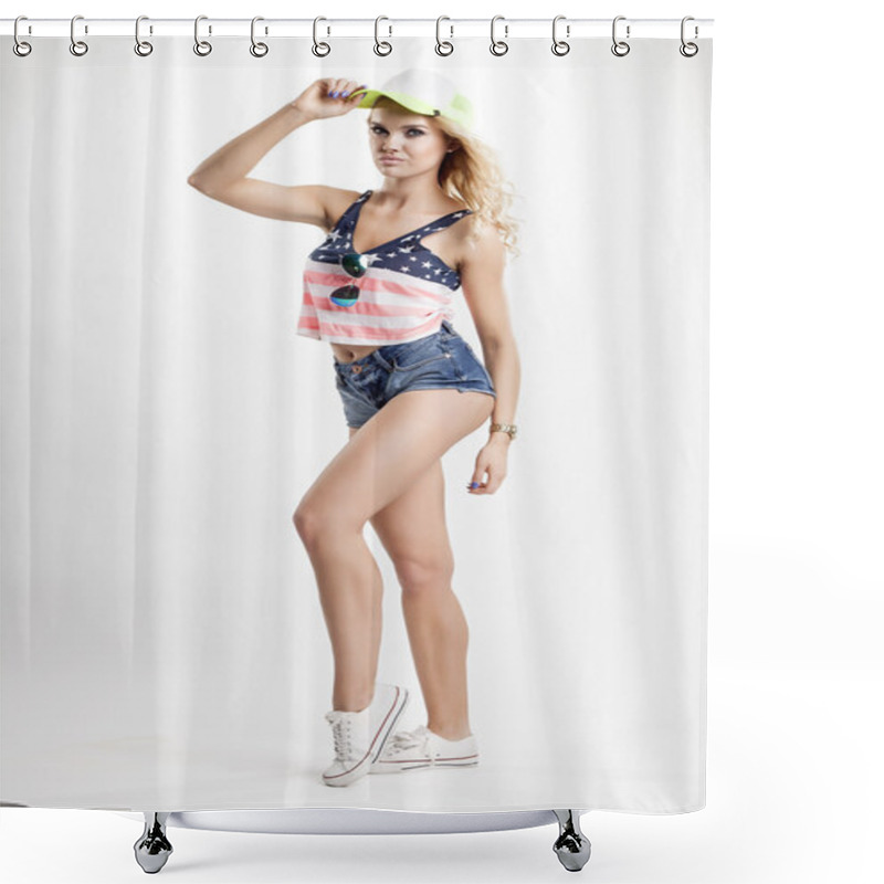 Personality  Blonde Woman Posing In American Flag Shirt Shower Curtains