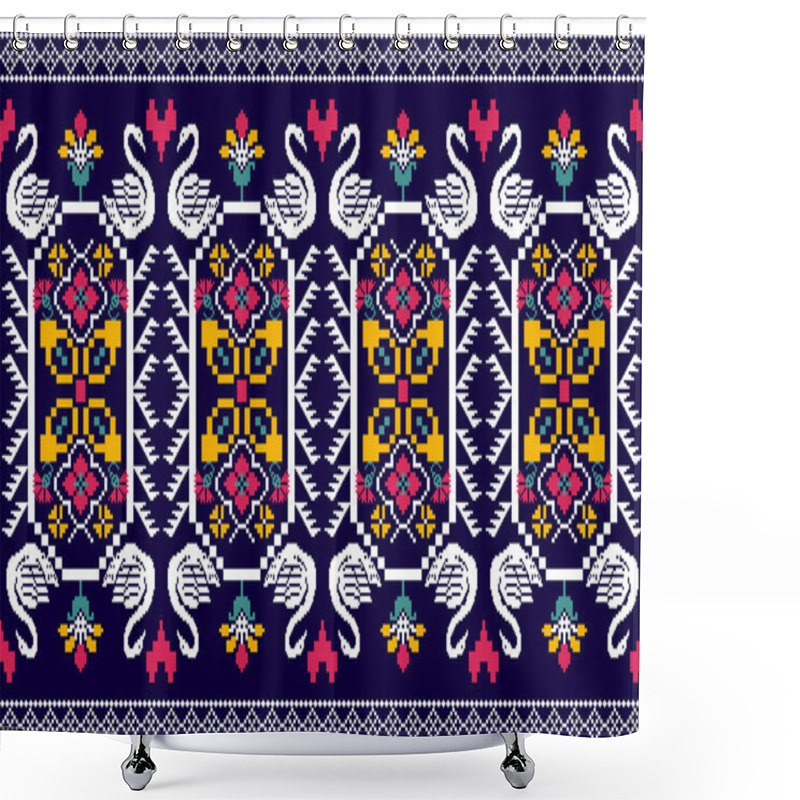 Personality  Beautiful Knitted Embroidery.geometric Ethnic Oriental Seamless Pattern Traditional On Blue Background.Aztec Style,abstract,vector,illustration.design For Texture,fabric,clothing,decoration,carpet. Shower Curtains