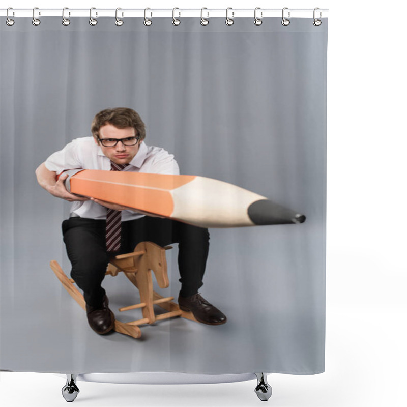 Personality  Funny Focused Business Man In Glasses Holding Huge Decorative Pencil While Riding Rocking Horse On Grey Background Shower Curtains